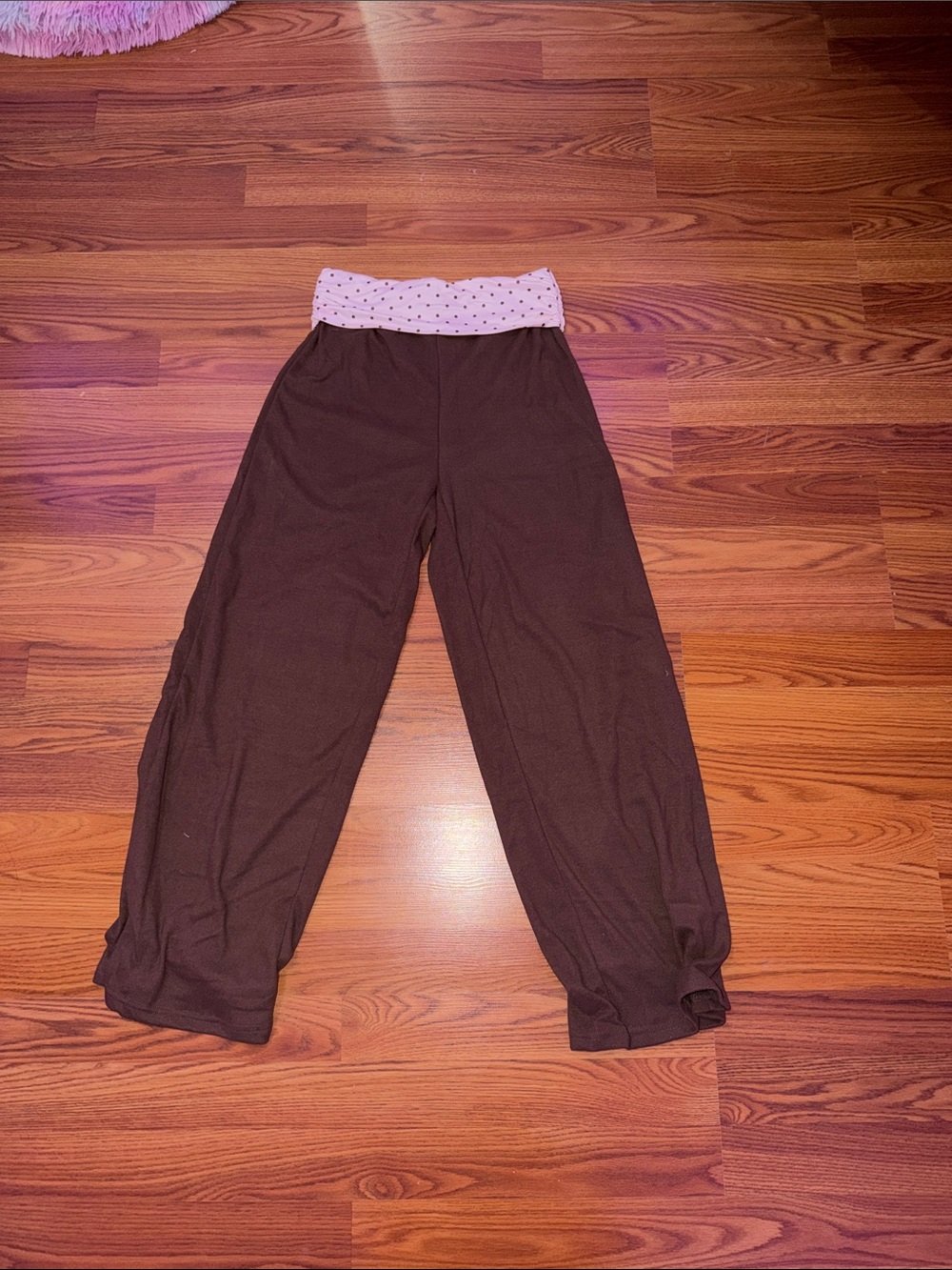 Brown Sweatpants with Pink Polka Dot Waistband